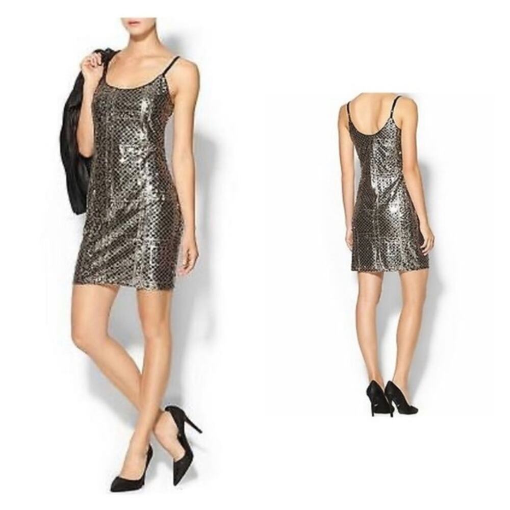 Sabine Metallic Gold Mosaic Sequin Mini Party Dress Medium NEW Spaghetti Straps
